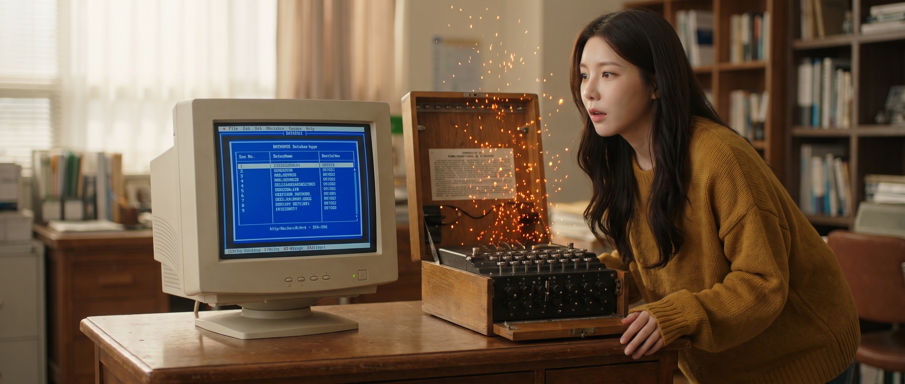 따뜻한 색조의 시네마틱 장면. 낡은 사무실 책상 위 베이지색 CRT 모니터에 파란 도스풍 데이터베이스 화면이 켜져 있고, 그 옆에 나무 케이스에 든 에니그마 기계가 놓여 있다. 두 기계 사이에서 밝은 주황빛 입자들이 위로 피어오르며 되살아나는 느낌을 준다. 루나가 책상 옆에 서서 신기하다는 듯 두 기계를 번갈아 바라본다. 캐주얼한 오버사이즈 니트 차림