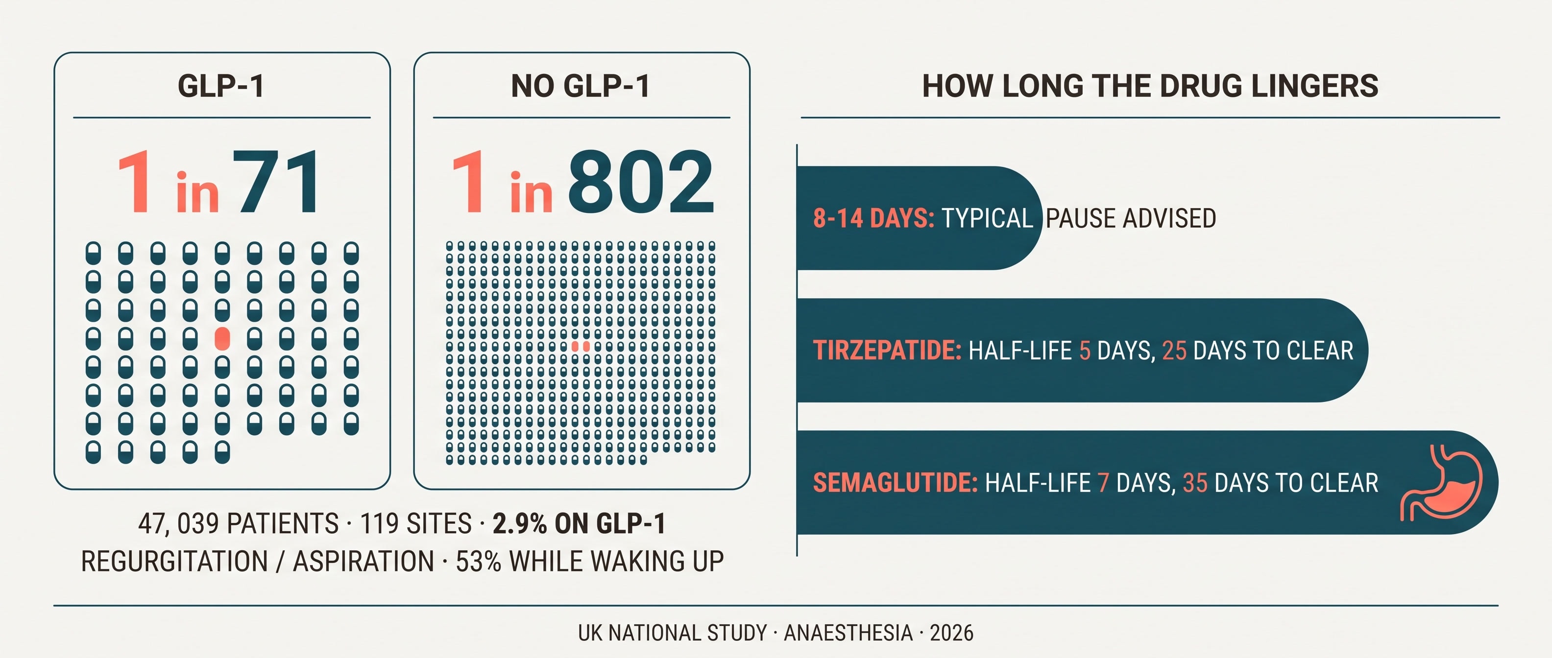 플랫 벡터 인포그래픽. 왼쪽 큰 숫자 1 in 71 과 1 in 802 가 GLP-1 / NO GLP-1 라벨과 함께 나란히 있고, 아래에 47,039 PATIENTS · 119 SITES · 2.9% ON GLP-1, 53% WHILE WAKING UP 이 적혀 있다. 오른쪽에는 반감기 5 / 7 DAYS 가 25 / 35 DAYS TO CLEAR 로 늘어나는 막대와, 8–14 DAYS ADVISED 라고 표시된 짧은 막대가 비교돼 있다. 사람 없음