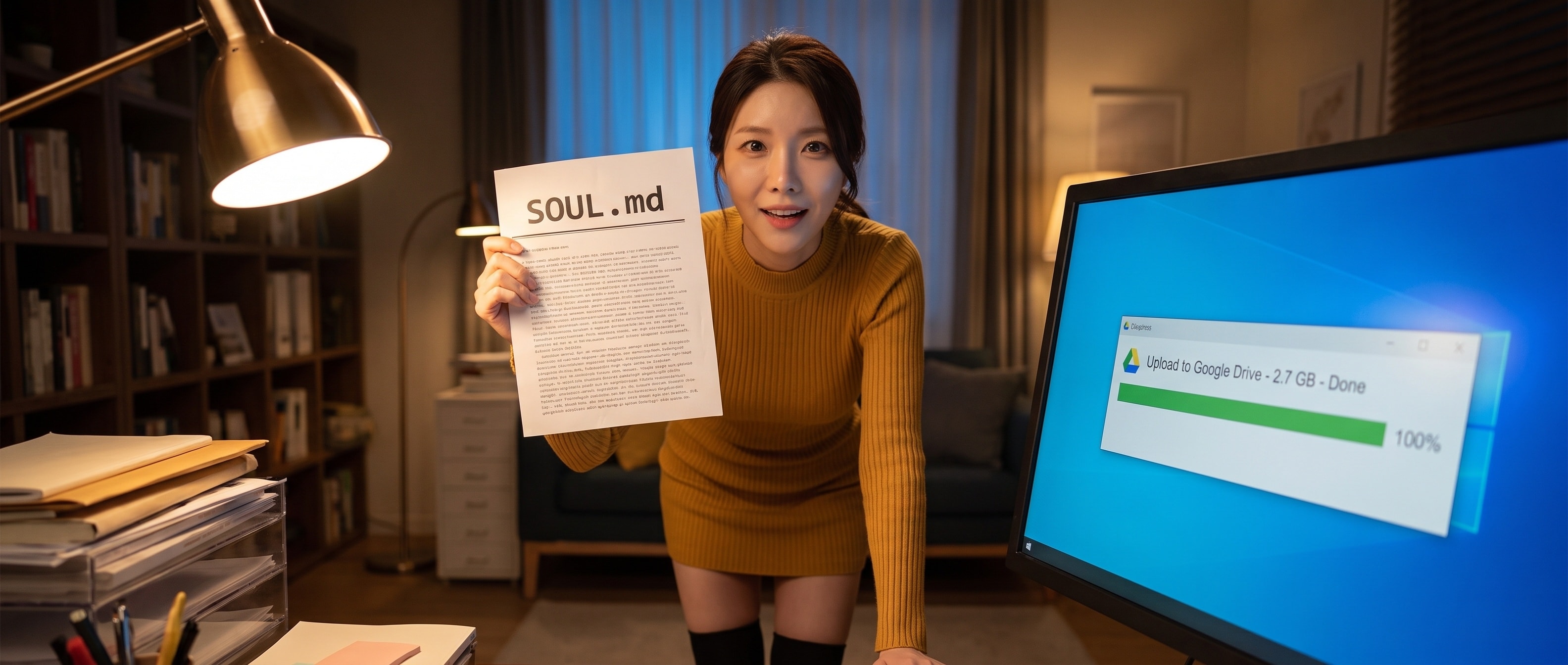 책상 앞에서 SOUL.md 라고 인쇄된 종이를 들어 보이며 카메라를 보는 루나, 옆 모니터엔 구글 드라이브 업로드 100% 완료 화면