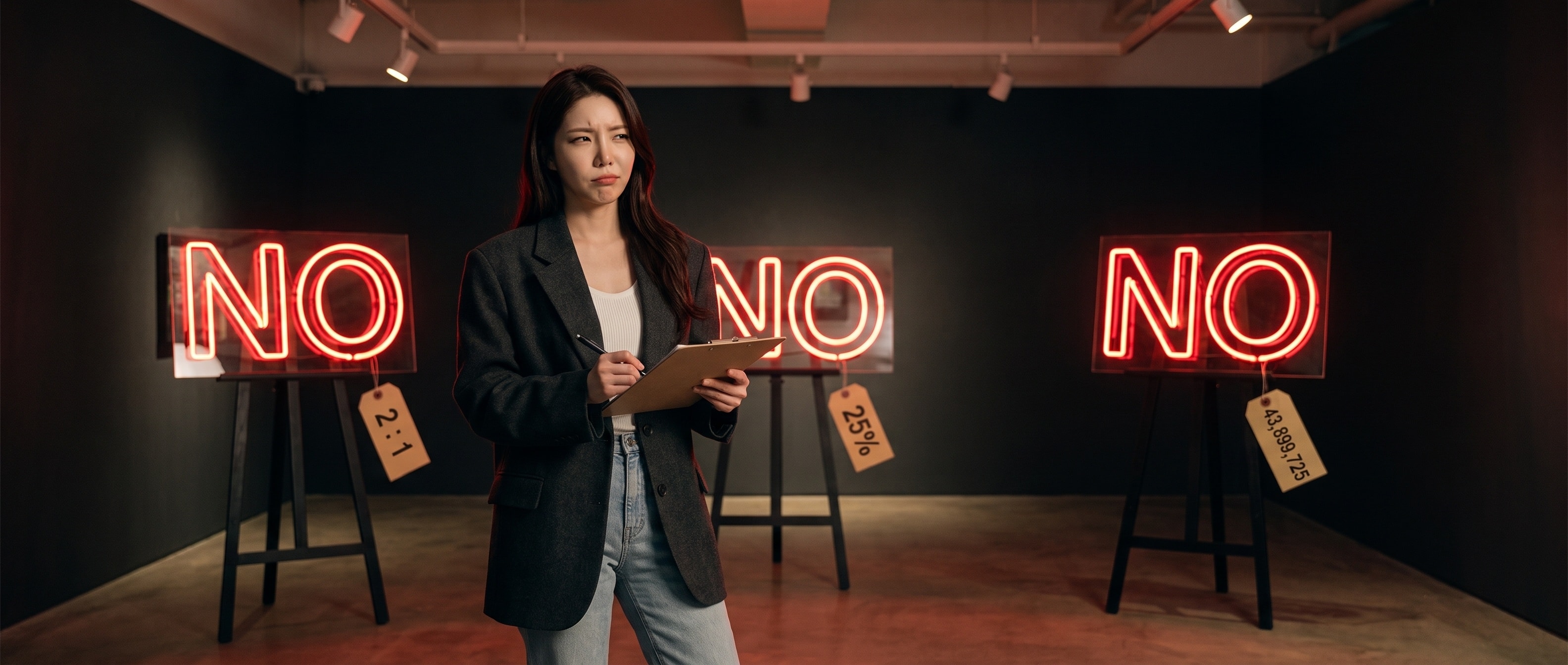 어두운 갤러리에 이젤로 세워진 붉은 네온 NO 사인 세 개, 각각 2 : 1 · 25% · 43,899,725 라고 적힌 종이 가격표가 달려 있고 그 앞에 클립보드를 든 루나가 서 있다