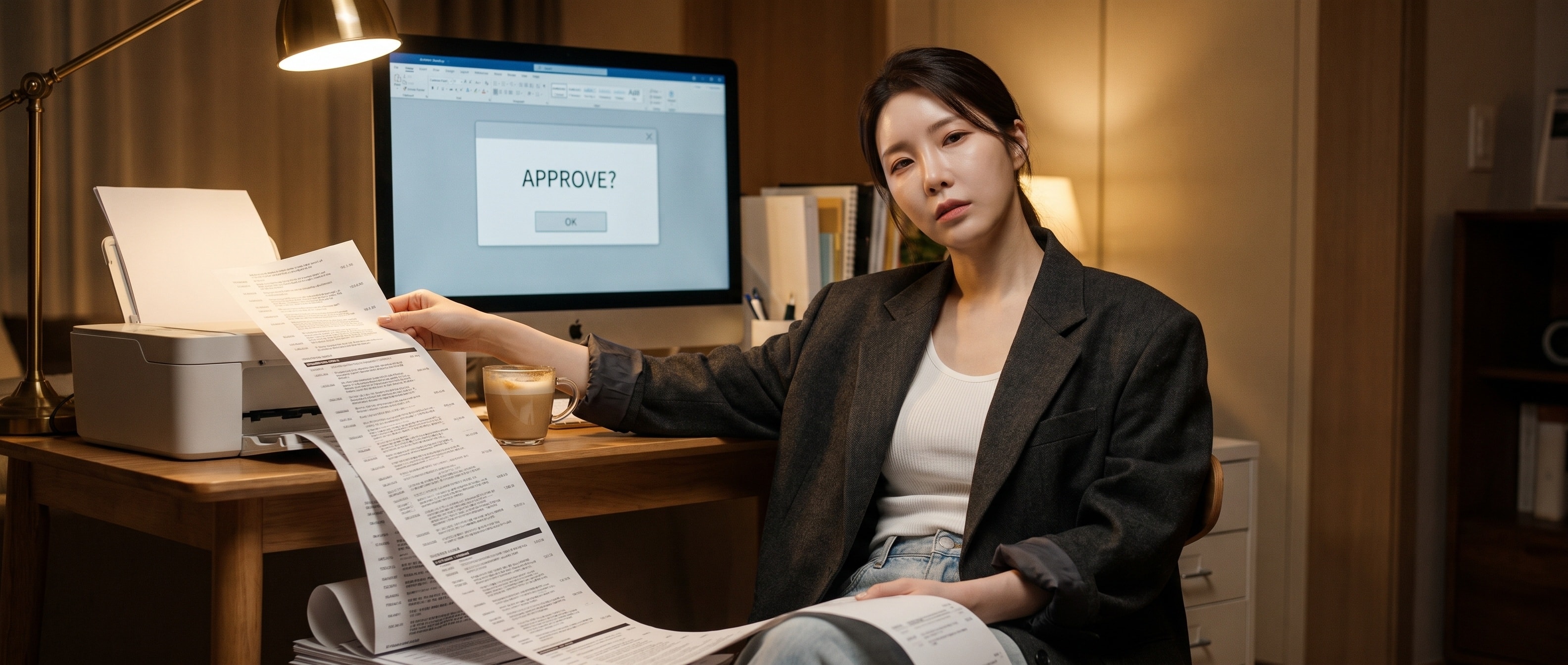 책상 앞에 앉아 프린터에서 바닥까지 늘어진 긴 스펙 문서를 두 손으로 붙들고 눈이 풀린 채 카메라를 보는 루나, 모니터엔 APPROVE? 버튼 하나, 옆에 식은 라떼