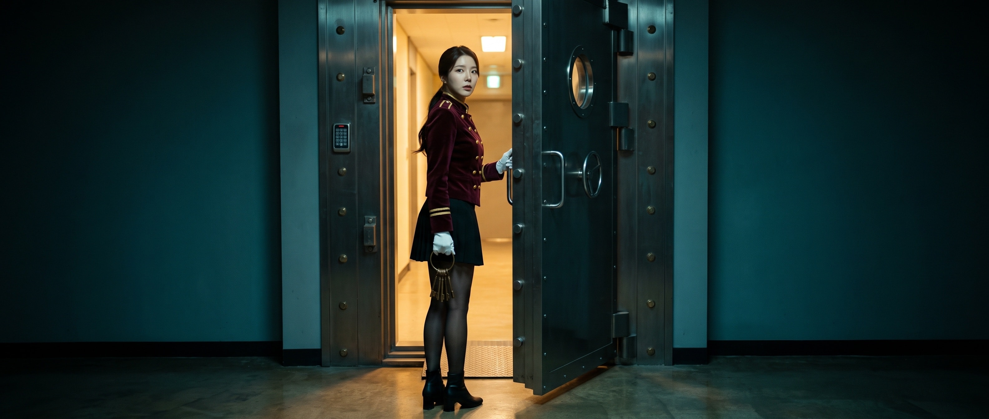 밤의 강화문 안쪽, 열쇠 꾸러미를 든 채 문이 아니라 등 뒤의 방 안을 돌아보는 루나