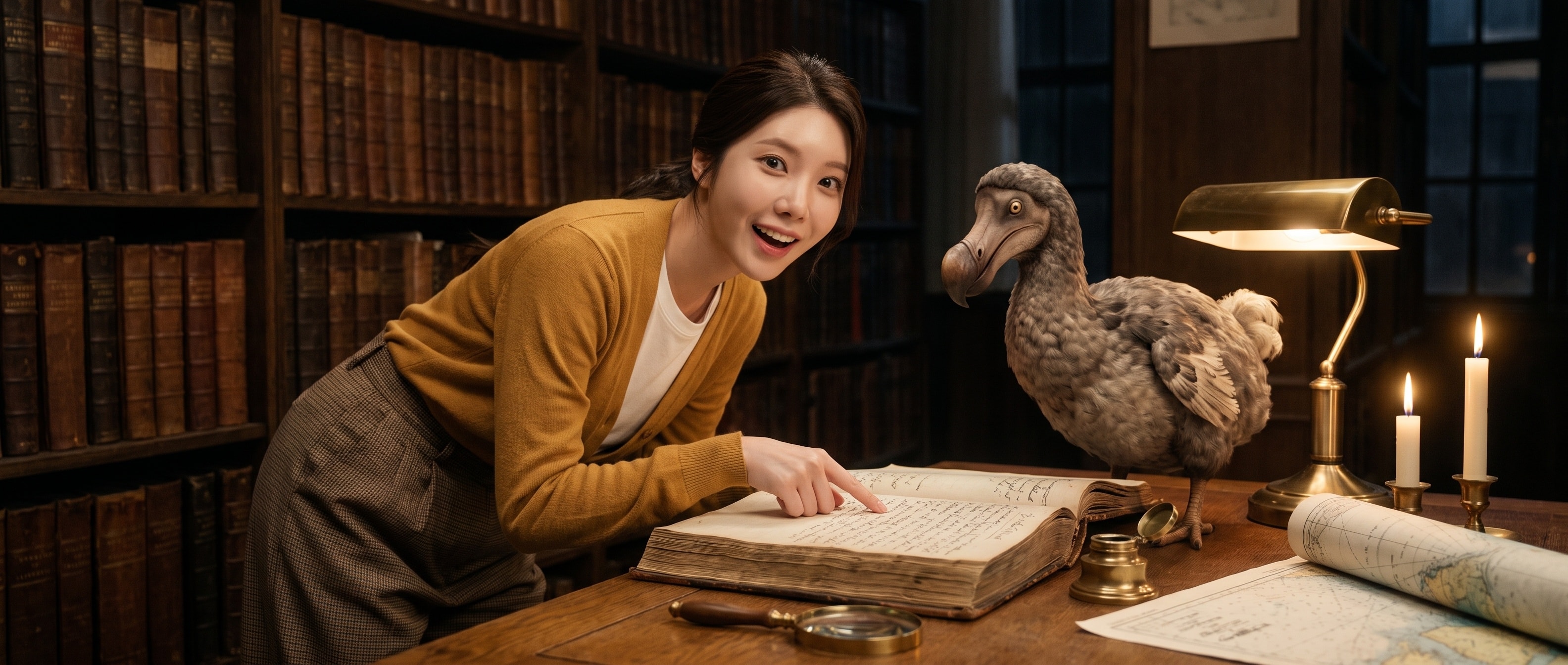 촛불과 황동 램프를 켠 기록 보관실에서 낡은 항해일지의 한 줄을 짚으며 놀란 얼굴로 돌아보는 루나와, 책상 위에 올라선 도도