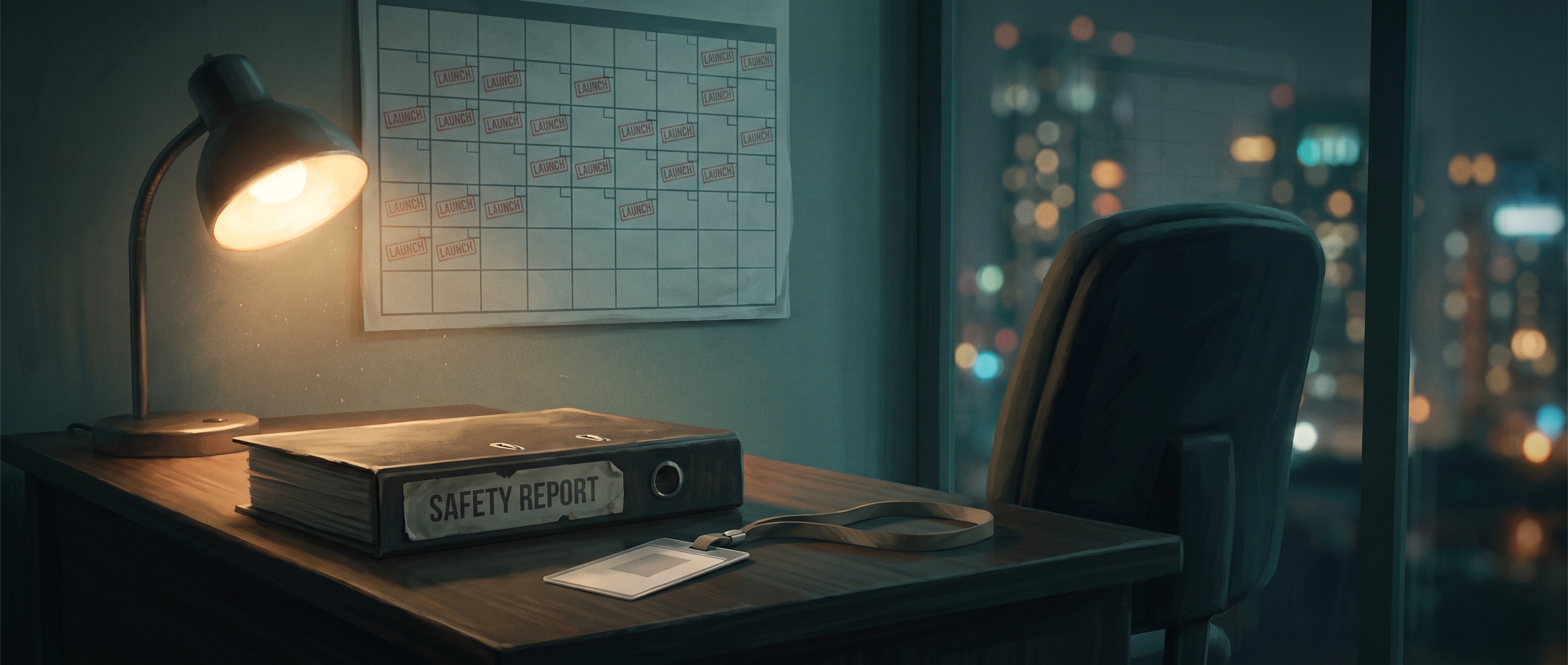 밤의 빈 사무실 책상 위에 놓인 SAFETY REPORT 바인더와 사원증, 뒤 벽에는 LAUNCH 표시가 빼곡한 달력
