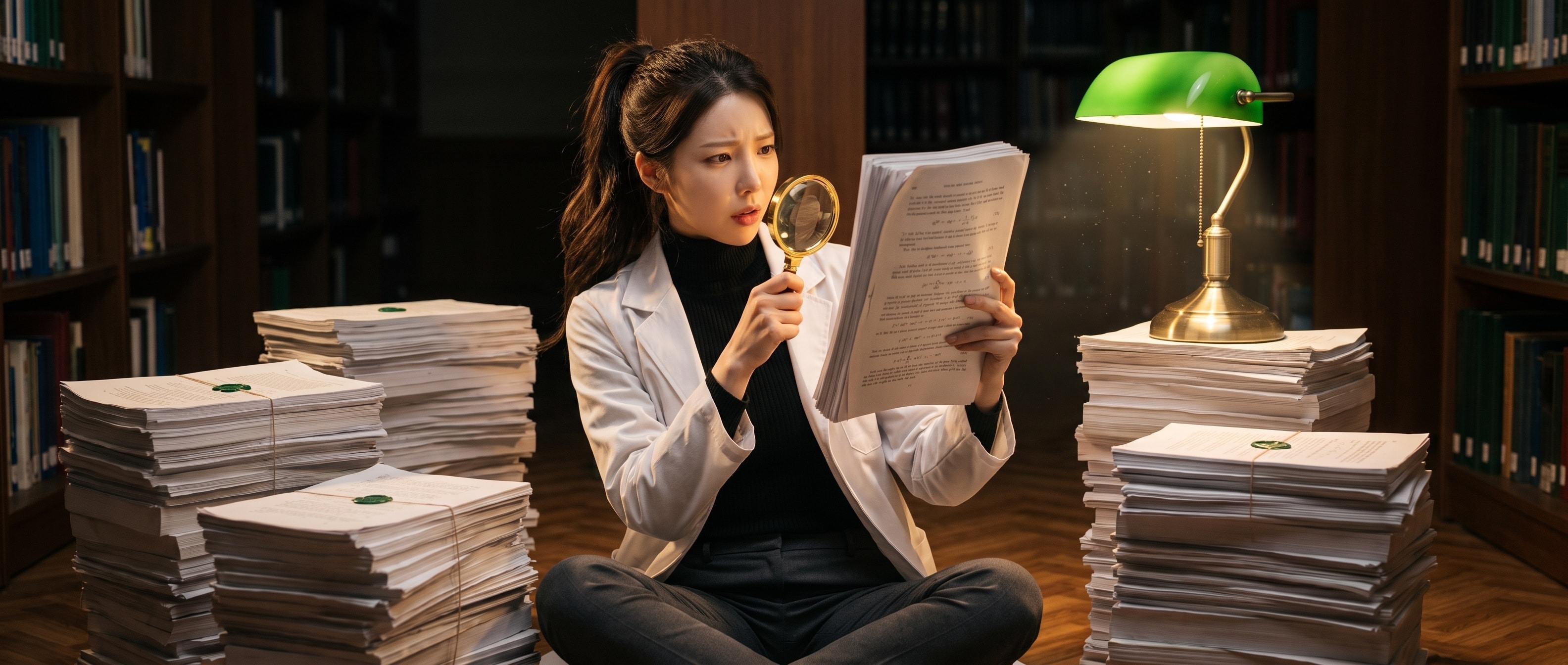 밤의 도서관 바닥에 앉아 수백 편의 원고 더미에 둘러싸인 루나가 돋보기로 논문 한 편을 들여다본다 — 더미 절반에만 초록 봉인이 찍혀 있다