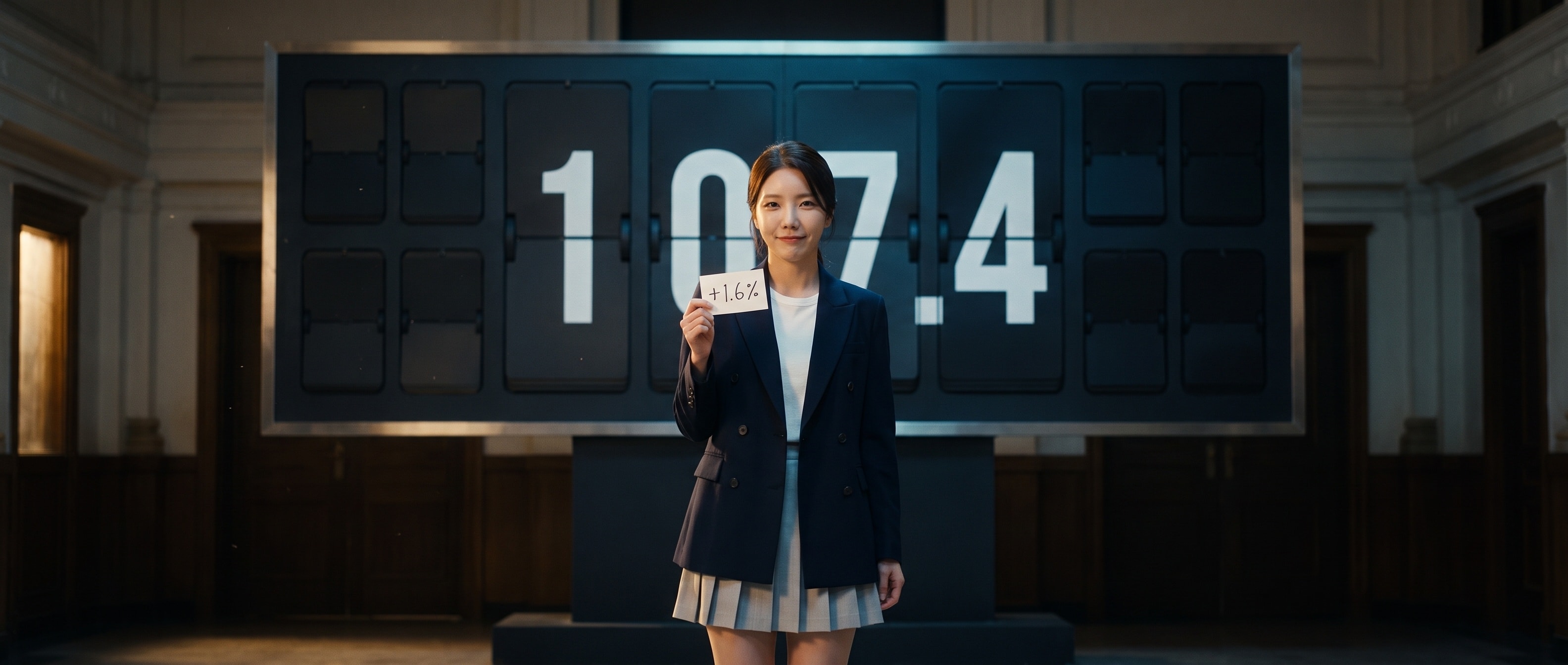 어두운 홀의 거대한 빈티지 플립 전광판 앞에 선 루나 — 전광판은 107.4를 띄우고 있고, 루나는 +1.6%라고 적힌 작은 종이 태그를 들어 카메라에 보여준다