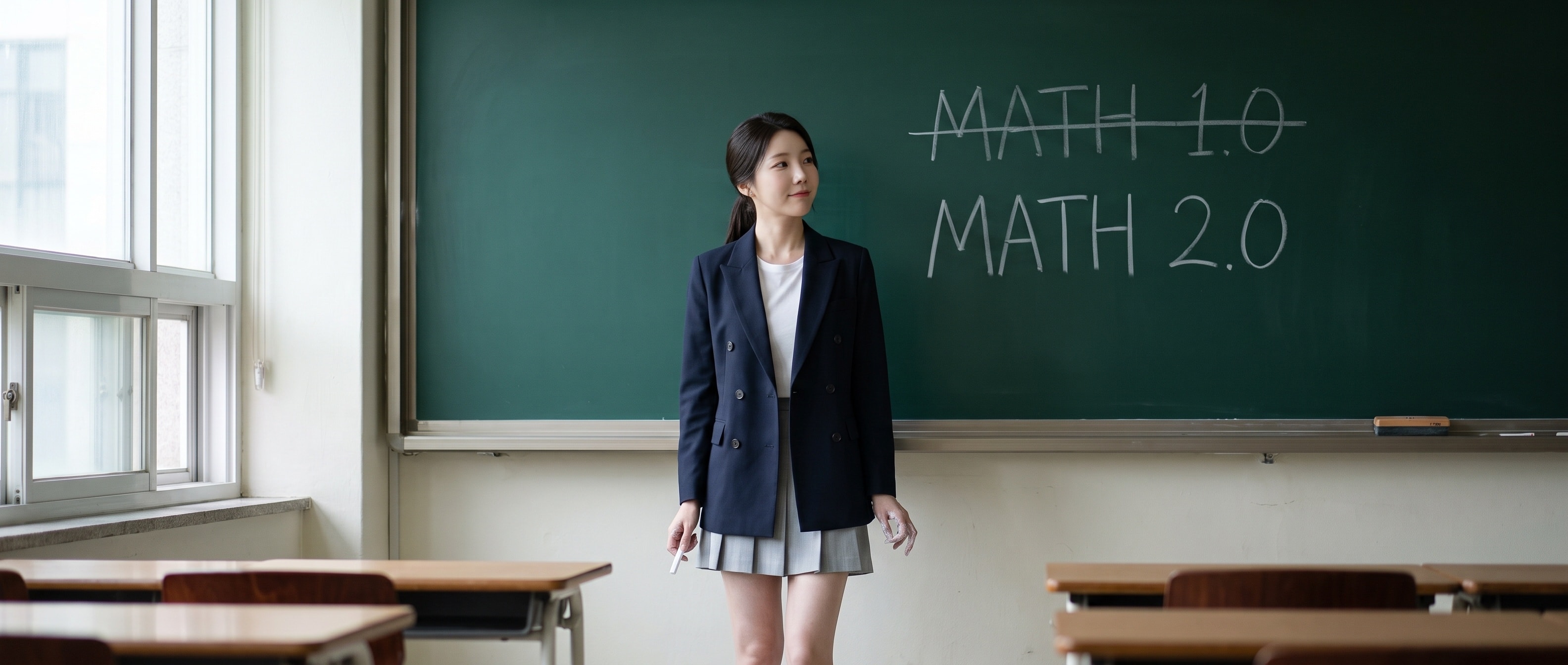칠판 앞에 선 루나 — 칠판에는 MATH 1.0이 가로줄로 지워져 있고 그 아래 MATH 2.0이 쓰여 있다, 루나는 분필을 든 채 생각에 잠긴 표정