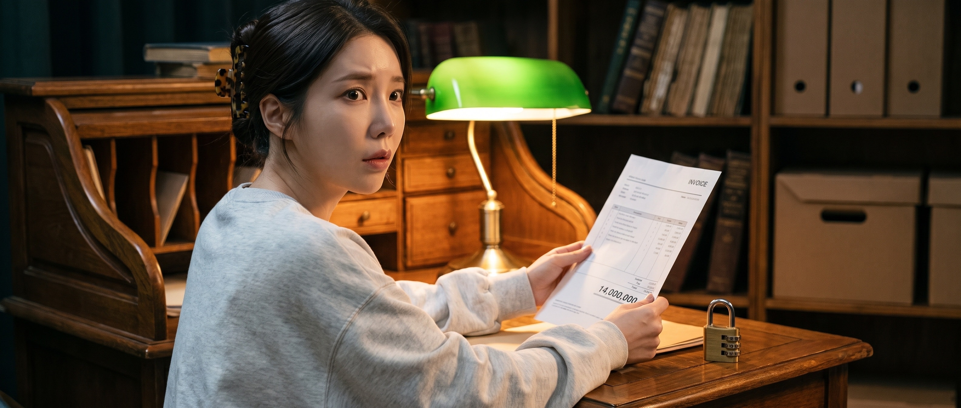 초록 은행원 램프 아래에서 합계 14,000,000이 찍힌 청구서를 들고 믿기지 않는 표정을 짓는 루나. 책상 위엔 작은 번호 자물쇠