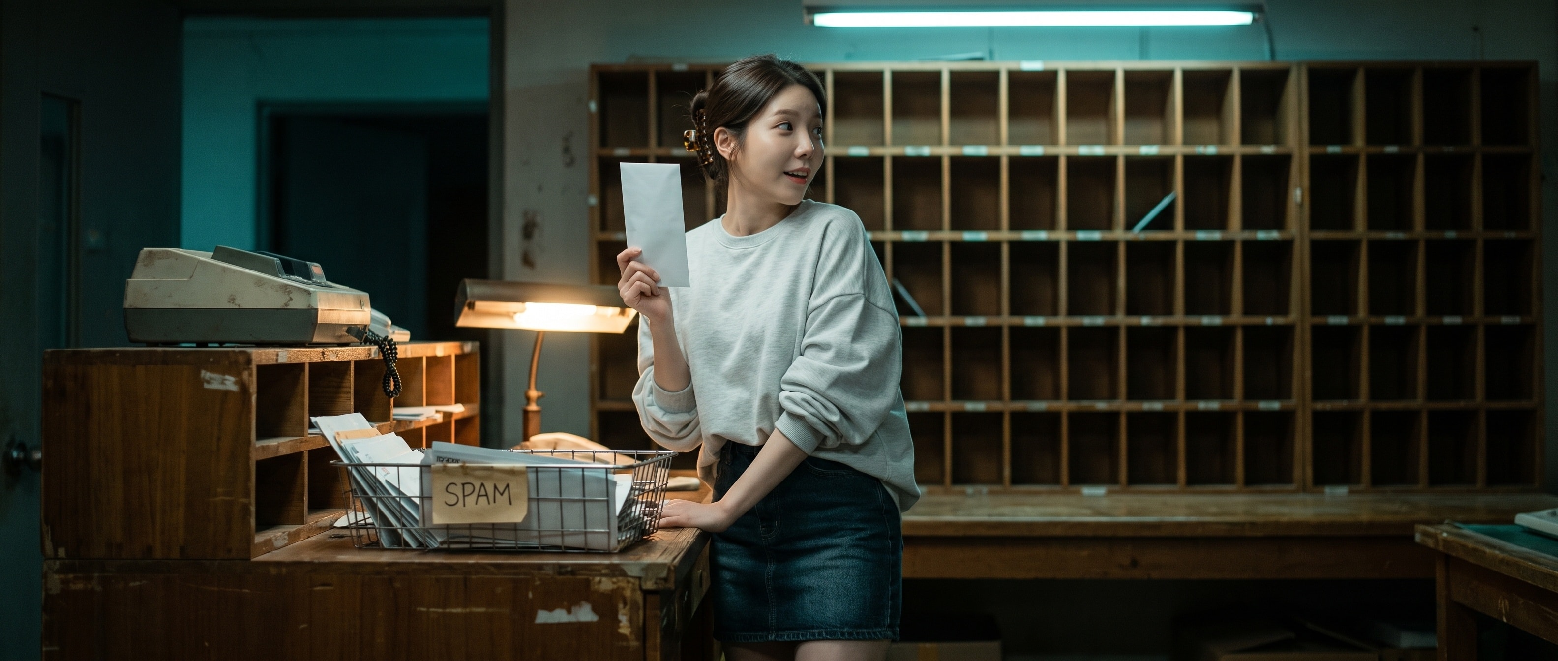 밤의 우체국 분류실에서 SPAM 태그가 붙은 철망 바구니 옆에 서서, 꺼낸 봉투 한 장을 들고 놀란 표정으로 옆을 보는 루나. 뒤로는 텅 빈 나무 분류함