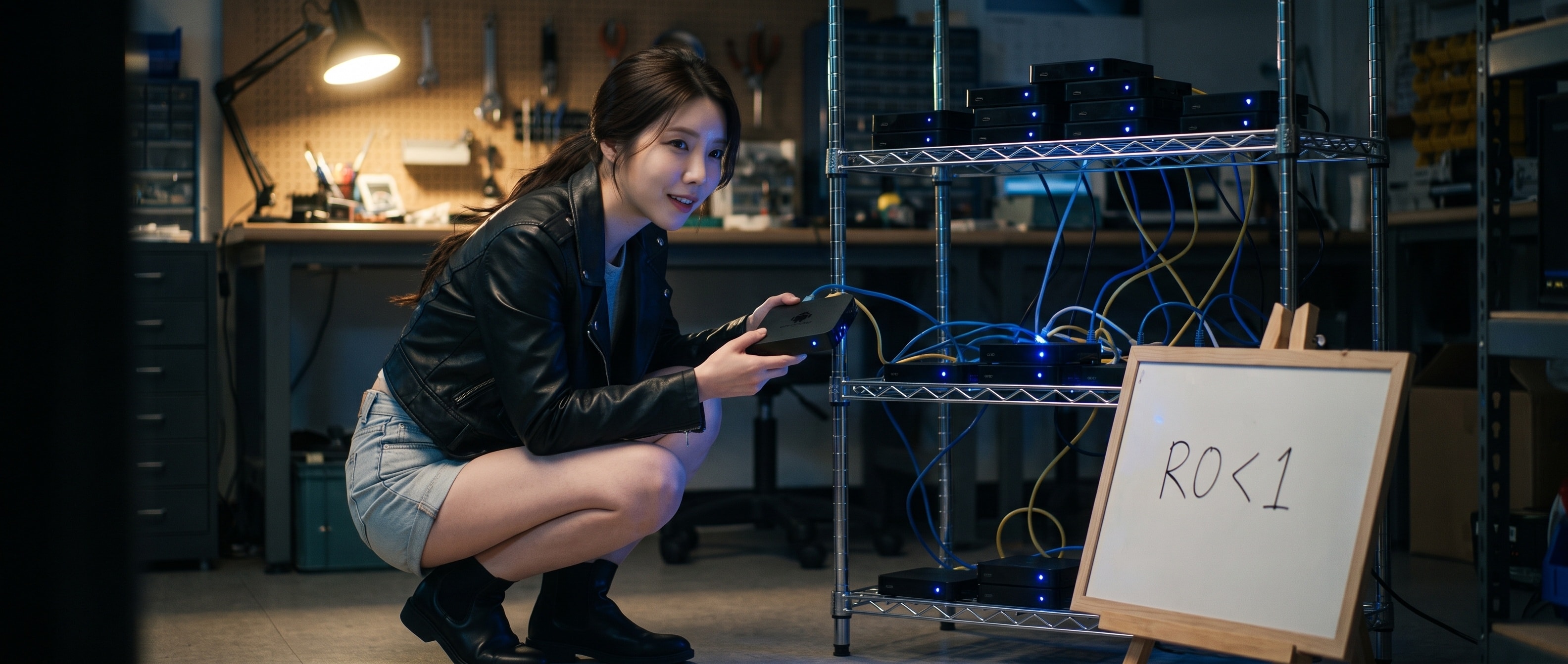 어두운 작업실, 이더넷 케이블로 얽힌 싸구려 안드로이드 TV 박스 열다섯 대 앞에 쭈그려 앉아 상자 하나를 들여다보는 루나 — 옆 화이트보드엔 R0 를 1 아래로 내리라는 메모