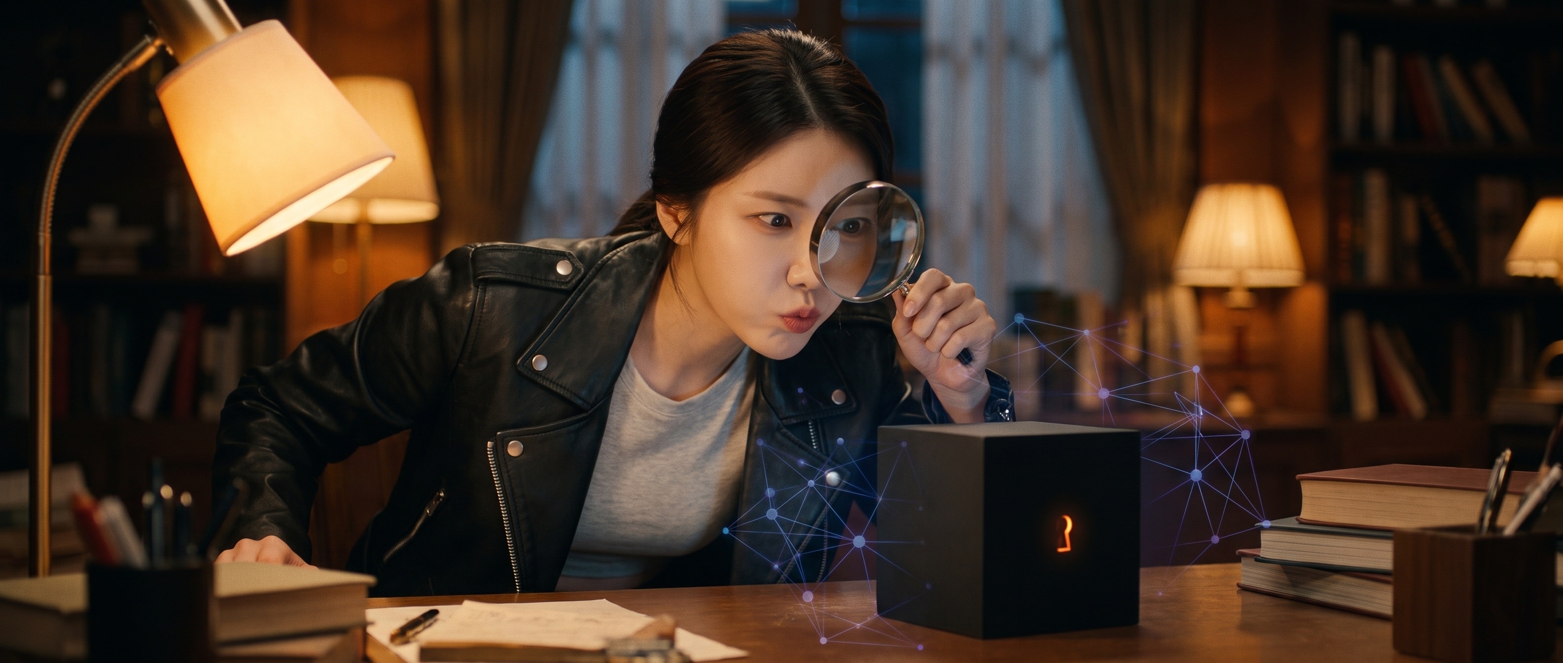 작은 상자를 돋보기로 들여다보는 루나 — 상자는 닫혀 있고 안은 보이지 않는다