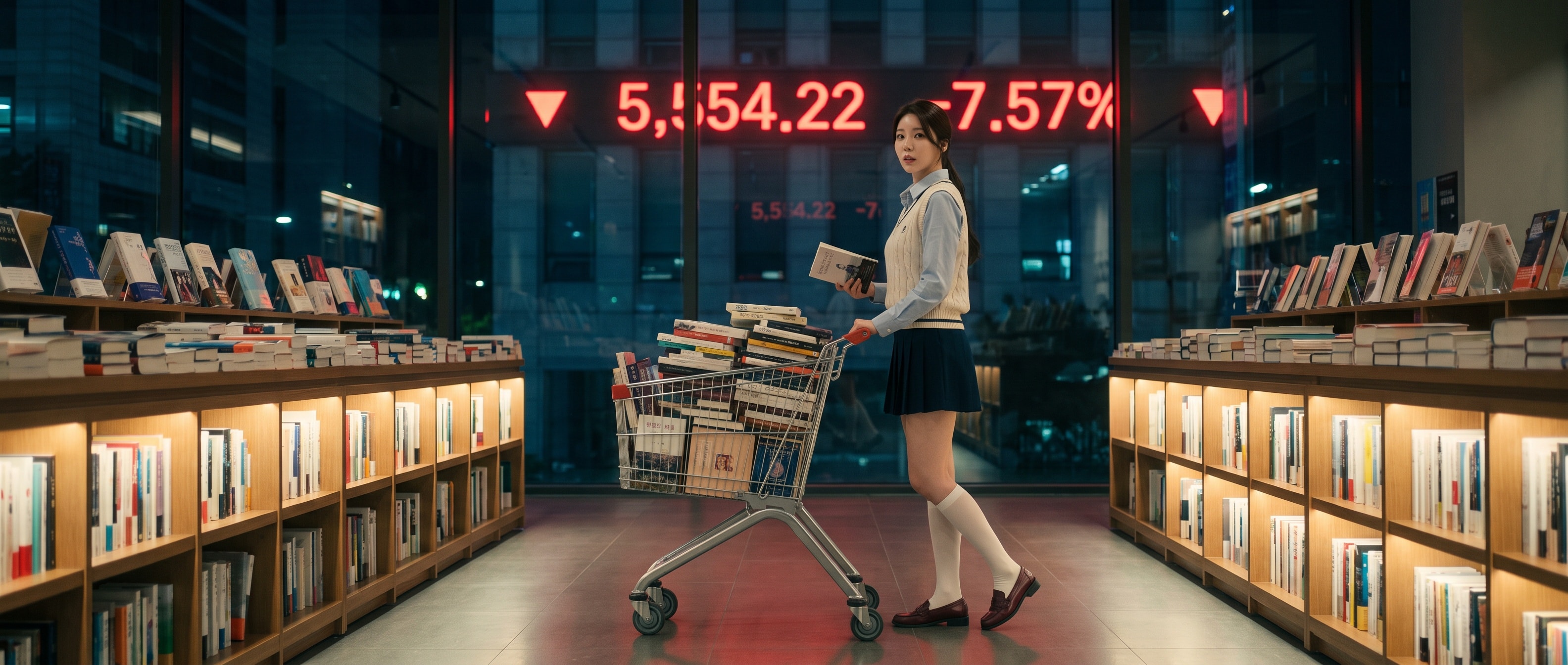 밤의 서점에서 서로 다른 책을 한 권씩 카트에 담는 루나, 창 너머 전광판엔 붉은 5,554.22