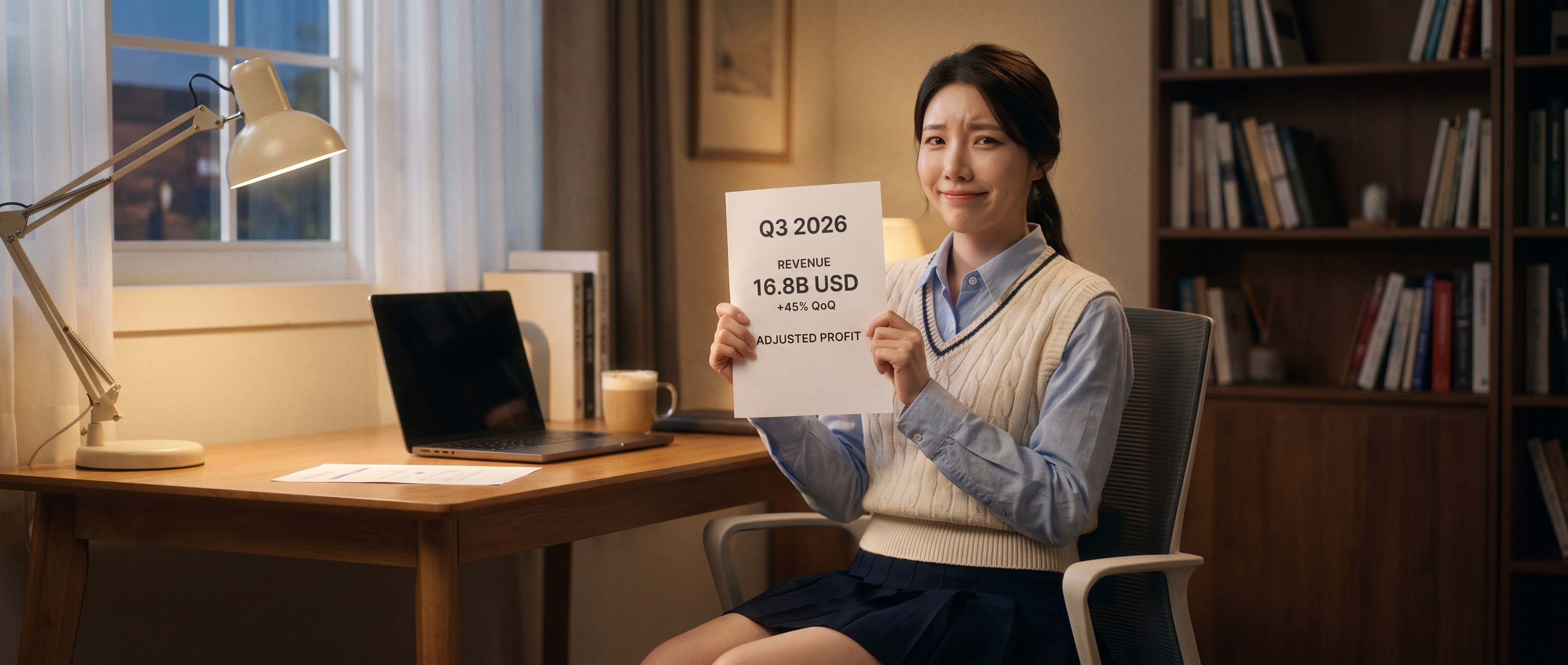 책상에서 월급명세서처럼 보이는 종이를 카메라에 들어 보이는 루나 — Q3 2026, REVENUE 16.8B USD, +45% QoQ