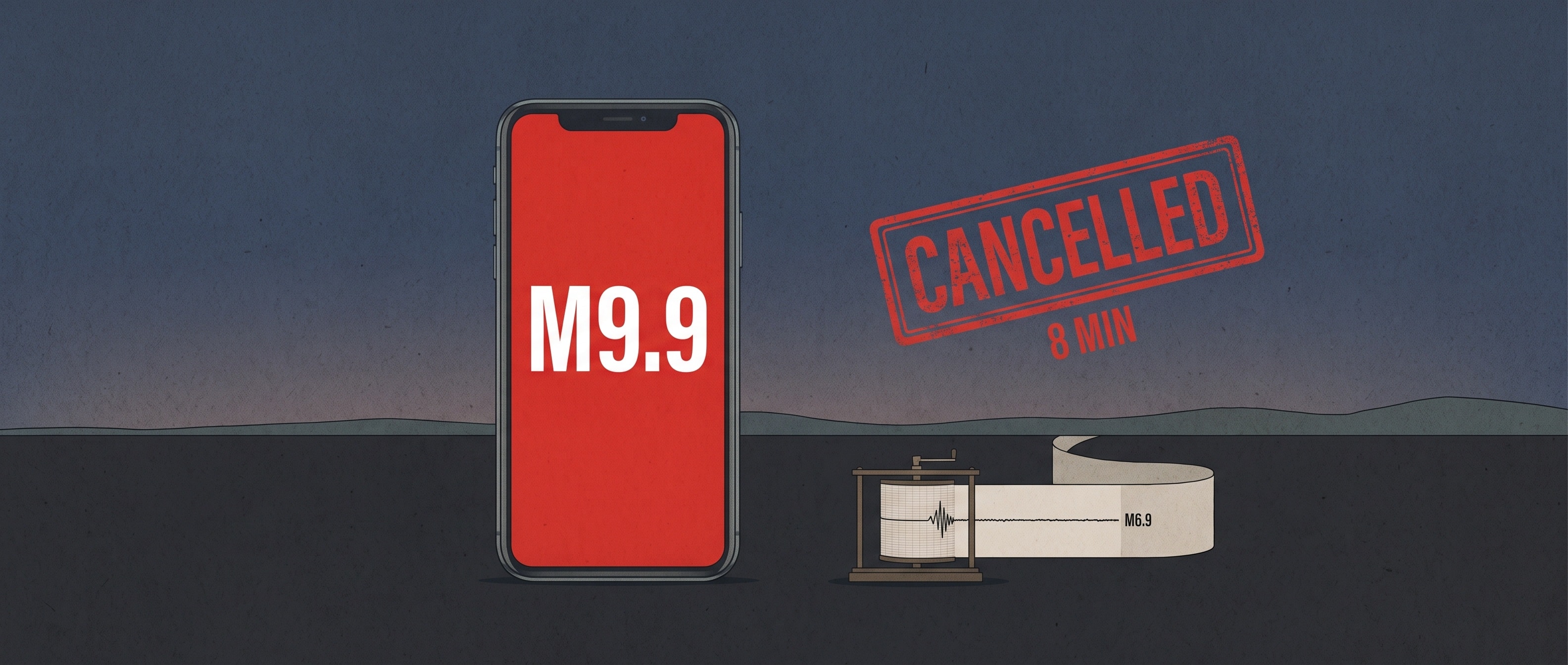 스마트폰 화면의 거대한 M9.9 경보와, 그 아래 땅에서 실제로 관측된 진도 1의 가느다란 파형, 8분 뒤 취소 도장