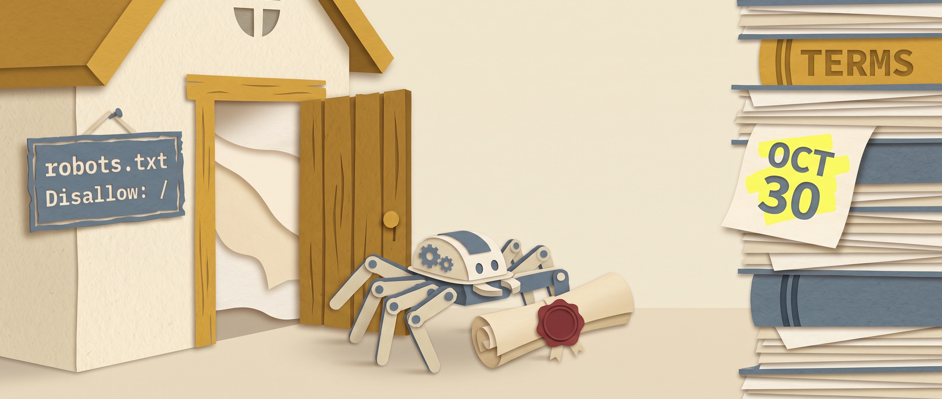 현관문의 robots.txt 안내판 옆을 서명된 계약서를 든 작은 크롤러 로봇이 지나가는 삽화, 약관 더미에 OCT 30 형광 표시