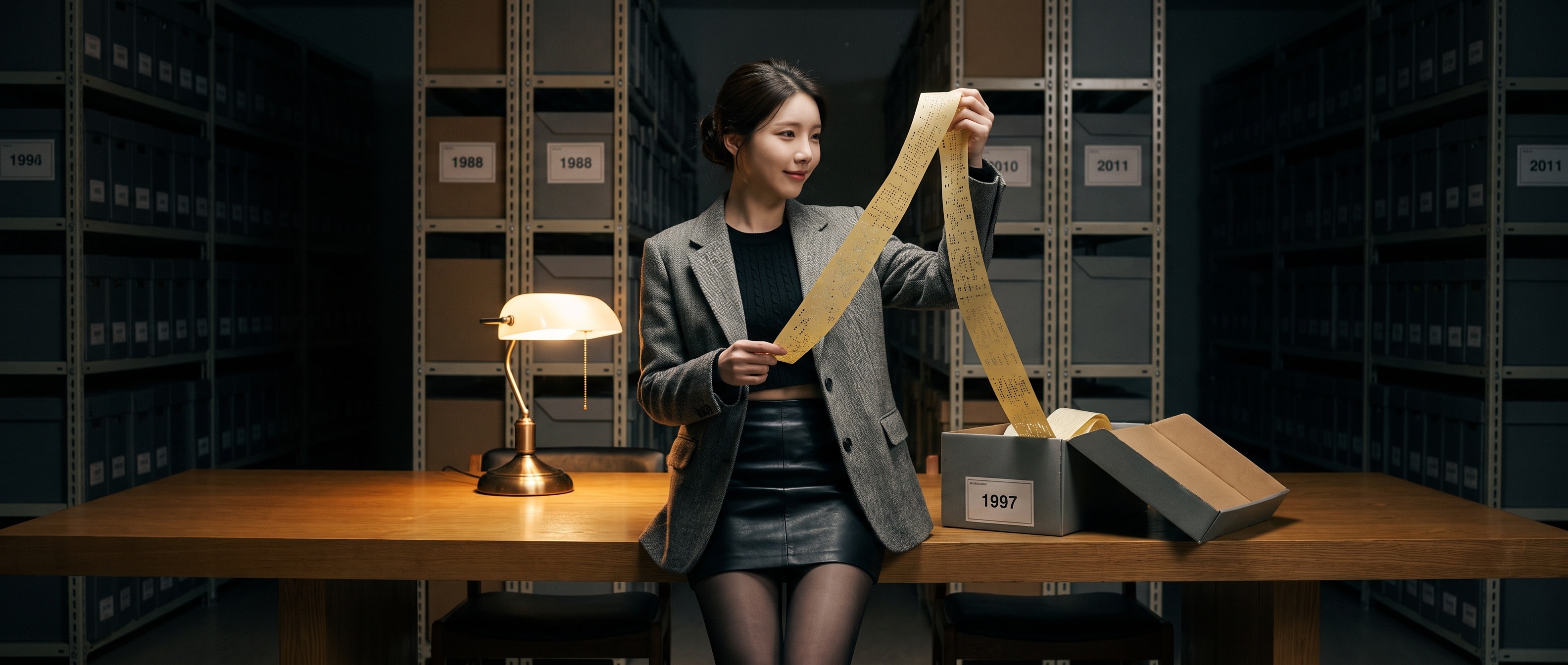 밤의 기록 보관실, 1997 라벨이 붙은 상자에서 꺼낸 긴 종이 띠를 스탠드 조명에 비춰 보는 루나