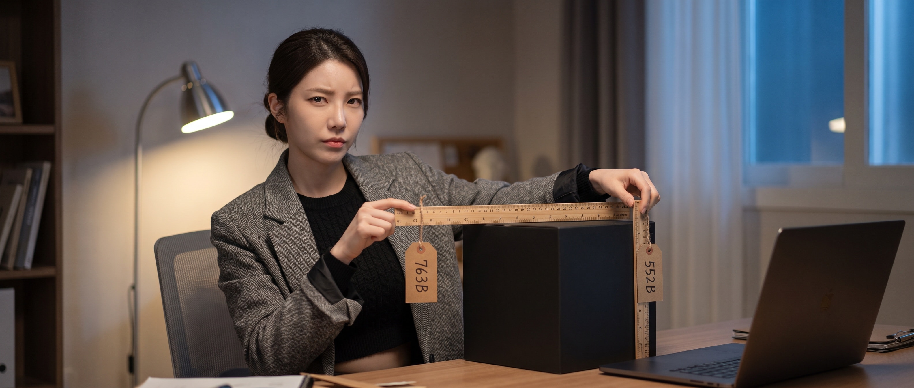 763B 와 552B 라벨이 붙은 자 두 개를 들고 모델 상자를 재 보는 루나