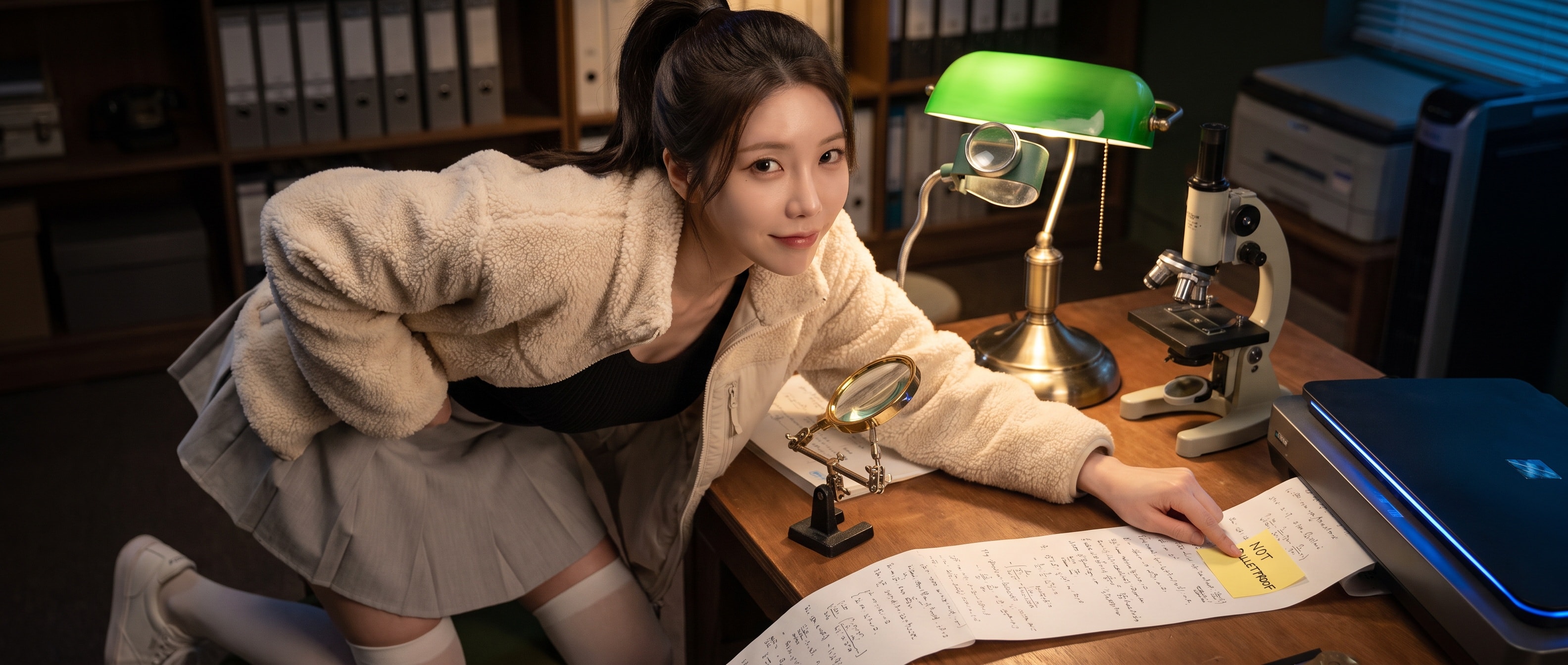 밤의 교정 작업실, 네 가지 검사 장치 아래를 지나온 긴 증명 종이 끝에 메모를 붙이는 루나