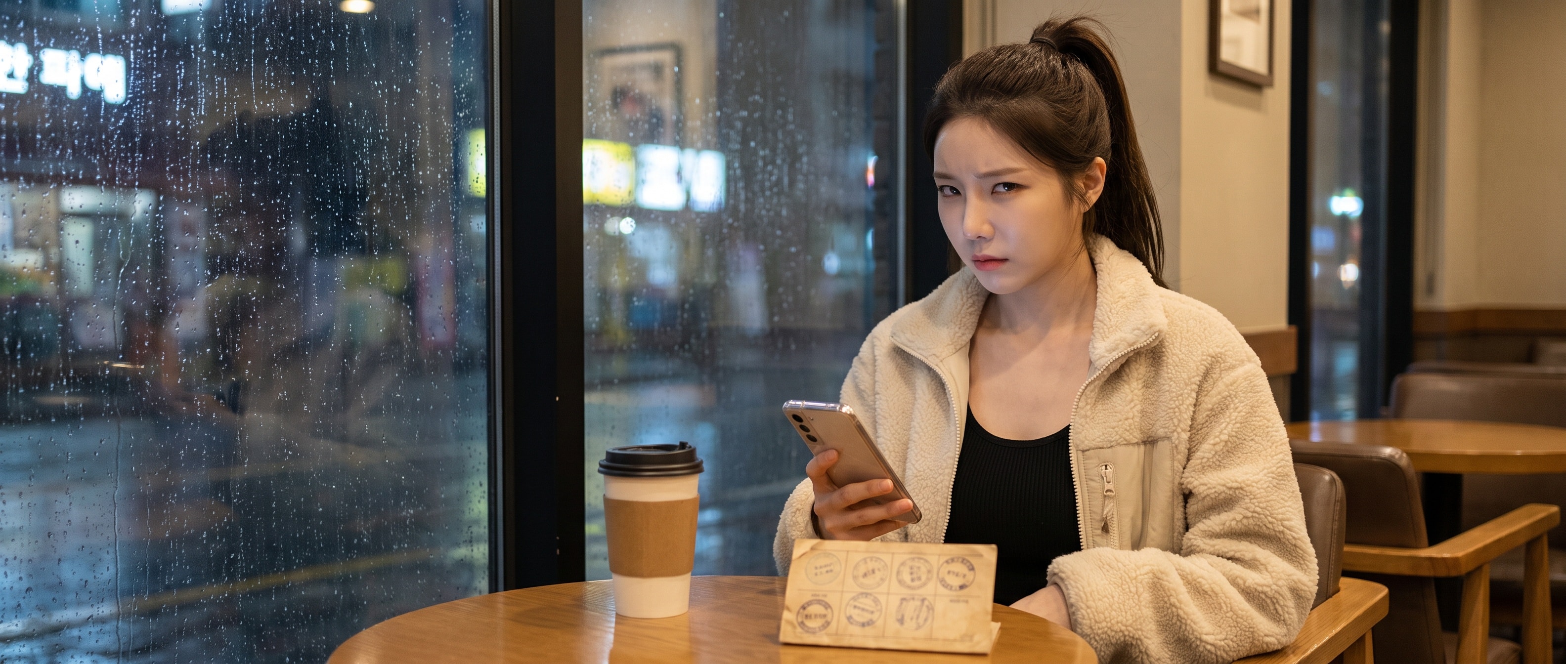 밤의 카페 창가에서 휴대폰 알림을 보며 미간을 찌푸리는 루나, 탁자 위 낡은 종이 스탬프 카드