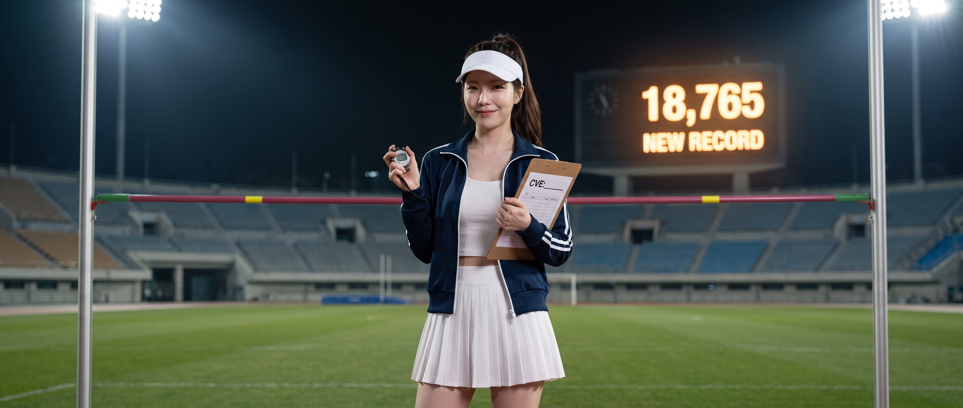 밤의 텅 빈 육상 경기장, 기록 높이로 올라간 높이뛰기 바 옆에서 루나가 스톱워치와 클립보드를 들고 서 있다 — 전광판에는 18,765 NEW RECORD, 클립보드의 CVE 칸은 비어 있다
