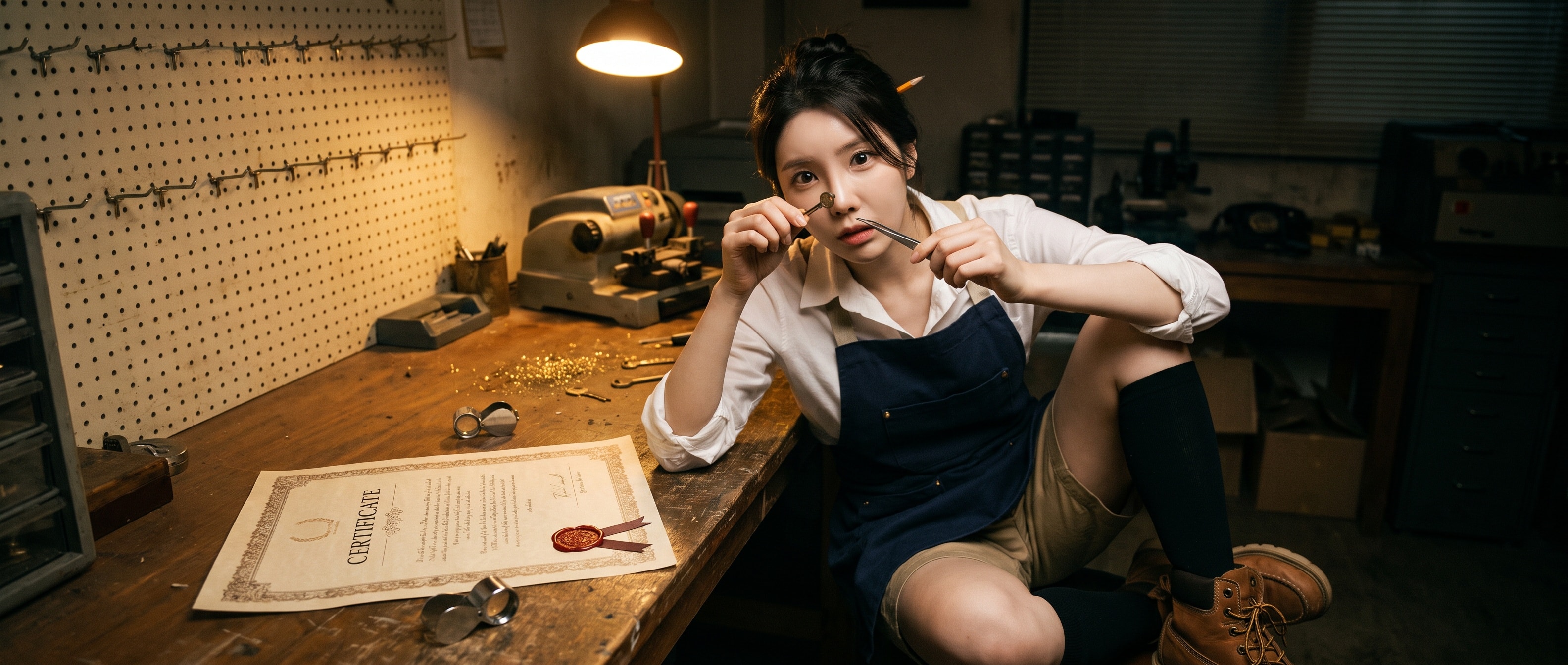 밤의 열쇠 공방 작업대에 앉아, 전경에 펼쳐진 CERTIFICATE 양피지 너머로 봉인에서 꺼낸 쌀알만 한 황동 열쇠를 핀셋에 집어 눈높이에 들고 카메라를 보는 루나