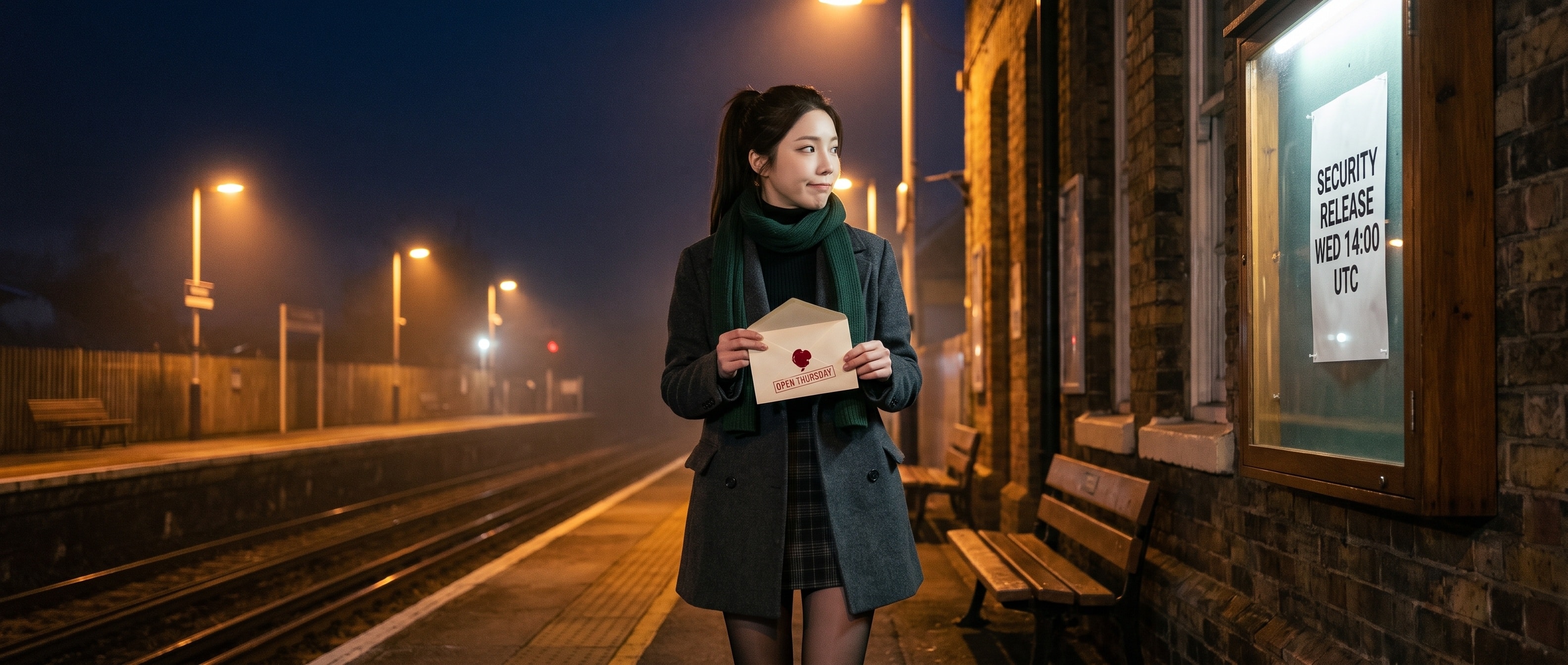 안개 낀 밤의 역 승강장에서 OPEN THURSDAY 라고 찍힌, 이미 뜯긴 봉투를 든 채 벽의 유리 게시함에 붙은 SECURITY RELEASE WED 14:00 UTC 공지를 돌아보는 루나