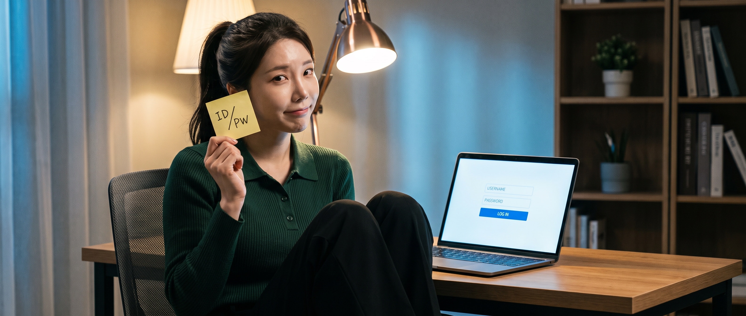 밤의 홈오피스 책상에 앉아 ID / PW 라고 적힌 노란 포스트잇을 두 손가락으로 들어 보이며 멋쩍게 웃는 루나, 옆에 비스듬히 놓인 노트북 화면엔 빈 로그인 폼
