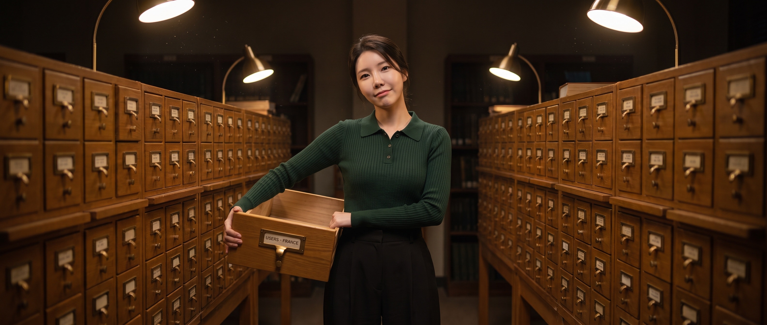 밤의 오래된 기록 보관실에서 USERS - FRANCE 라벨이 붙은 카드 서랍을 끝까지 당겨 텅 빈 안쪽을 카메라에 보여 주는 루나, 뒤로 끝없이 이어지는 나무 카드 캐비닛