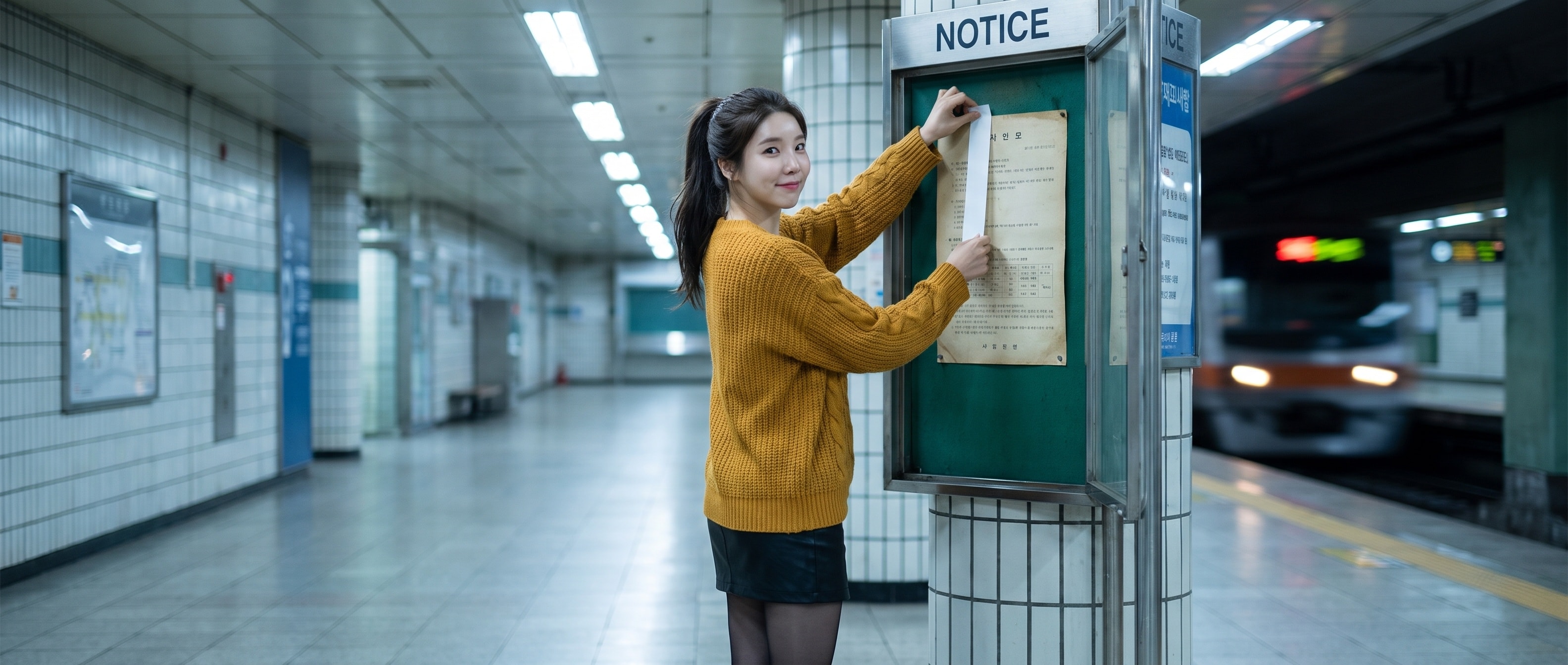 밤의 지하철역 유리 안내판 앞에서 안내문에 한 줄 띠를 덧붙이고 있는 루나