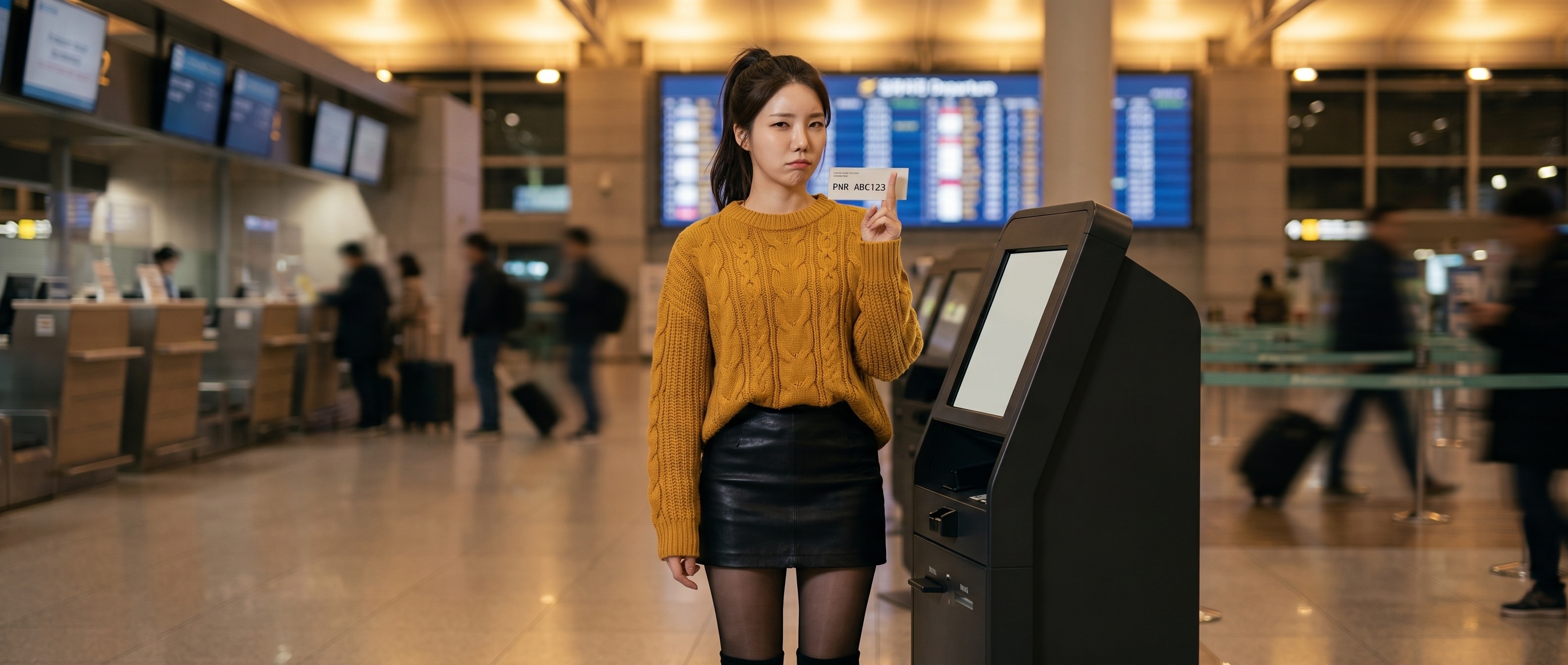 밤의 공항 출발 로비 셀프 체크인 키오스크 옆에서 예약번호가 적힌 종이를 들고 카메라를 보는 루나