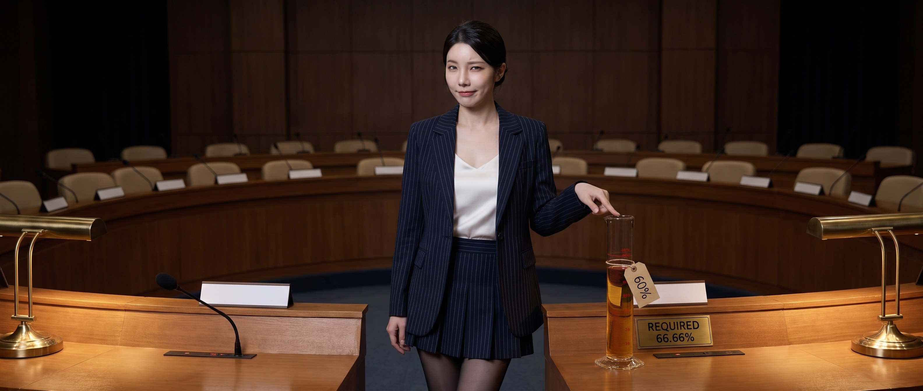 밤의 국제 표준 회의장, 빈 대표석 사이에서 60% 높이까지 찬 유리 실린더와 그 위 66.66% 붉은 선 사이의 빈틈을 가리키는 루나