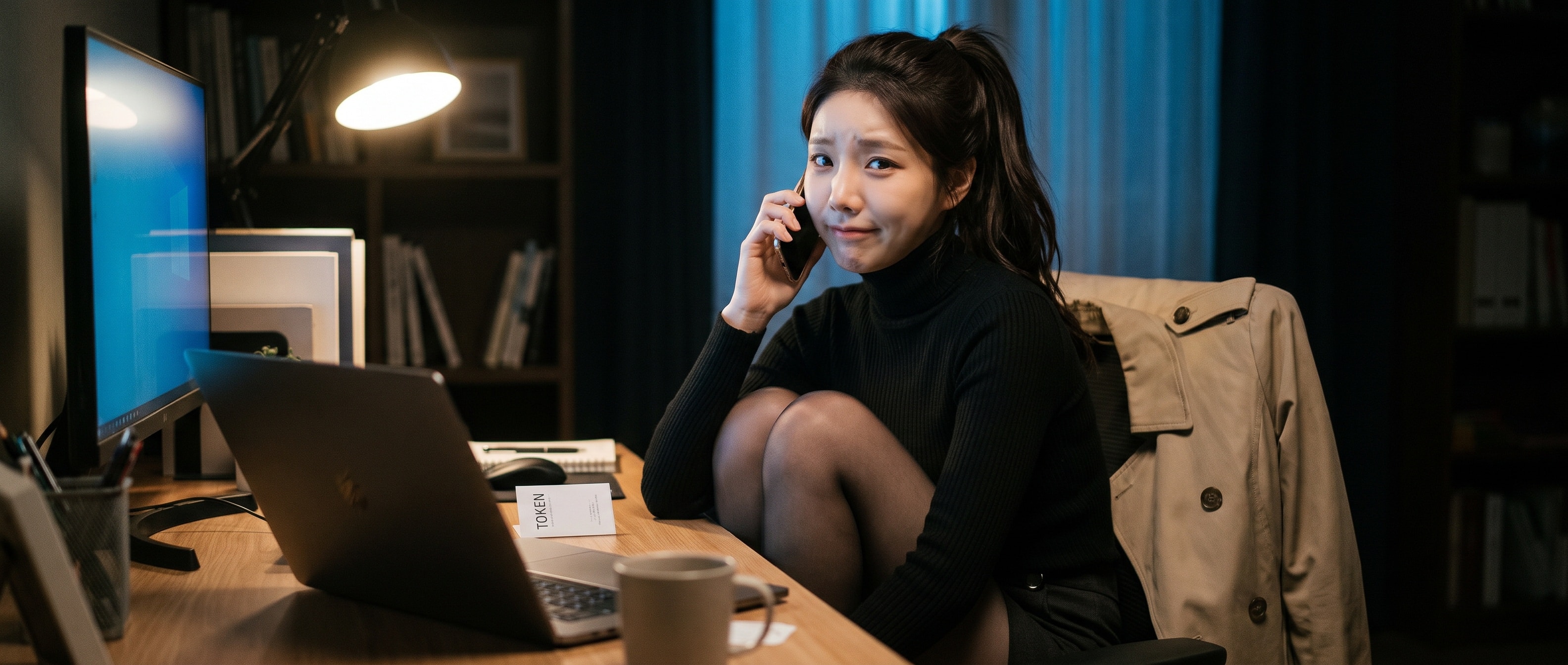 밤의 홈오피스 책상, 노트북 옆에 TOKEN 종이표를 손대지 않은 채 두고 전화기를 귀에 대고 누군가에게 묻는 중인 루나, 의자 등받이에 트렌치코트