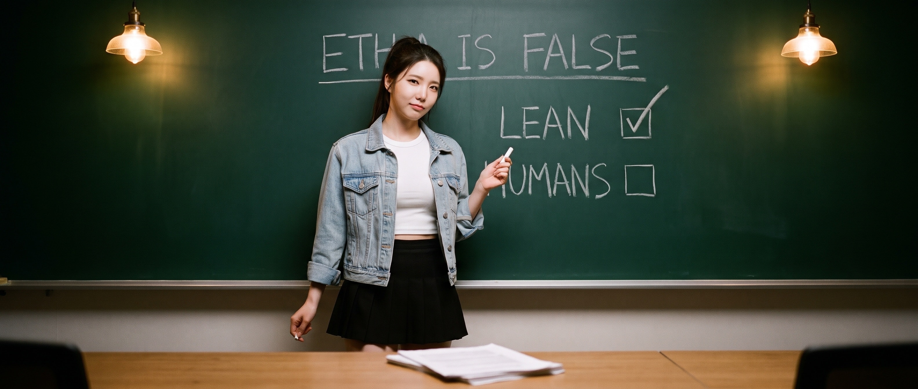 밤의 세미나실 칠판 앞에 분필을 든 채 돌아보는 루나, 칠판엔 ETH IS FALSE 와 LEAN 옆의 체크 표시, HUMANS 옆의 빈 네모