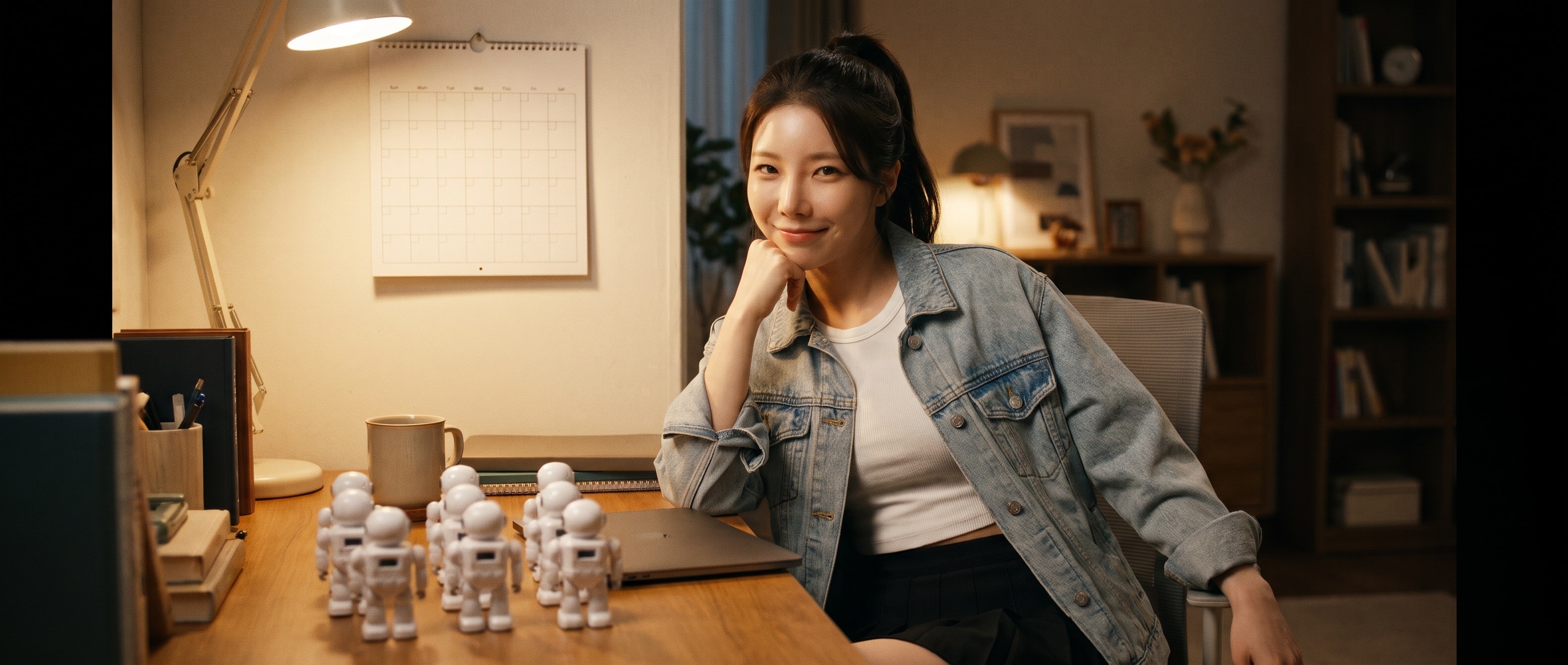 밤의 홈오피스 책상 위에 줄지어 선 아홉 개의 작은 로봇 장난감과 벽에 걸린 한 장짜리 달력을 턱을 괴고 바라보며 웃는 루나