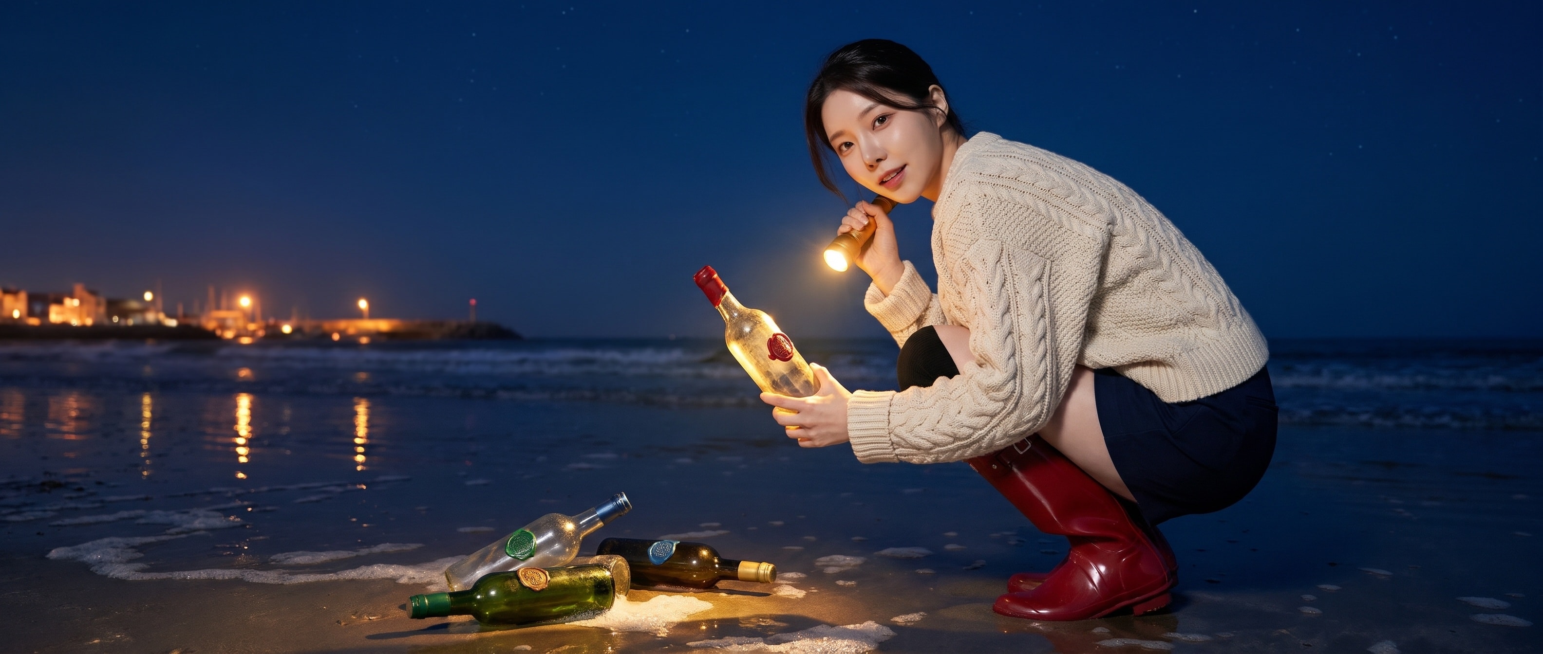 밤 바닷가 모래 위에 한 줄로 밀려온, 봉인 색이 다른 유리병 넷 앞에 쭈그려 앉아 손전등을 비추며 어깨 너머로 카메라를 보는 루나