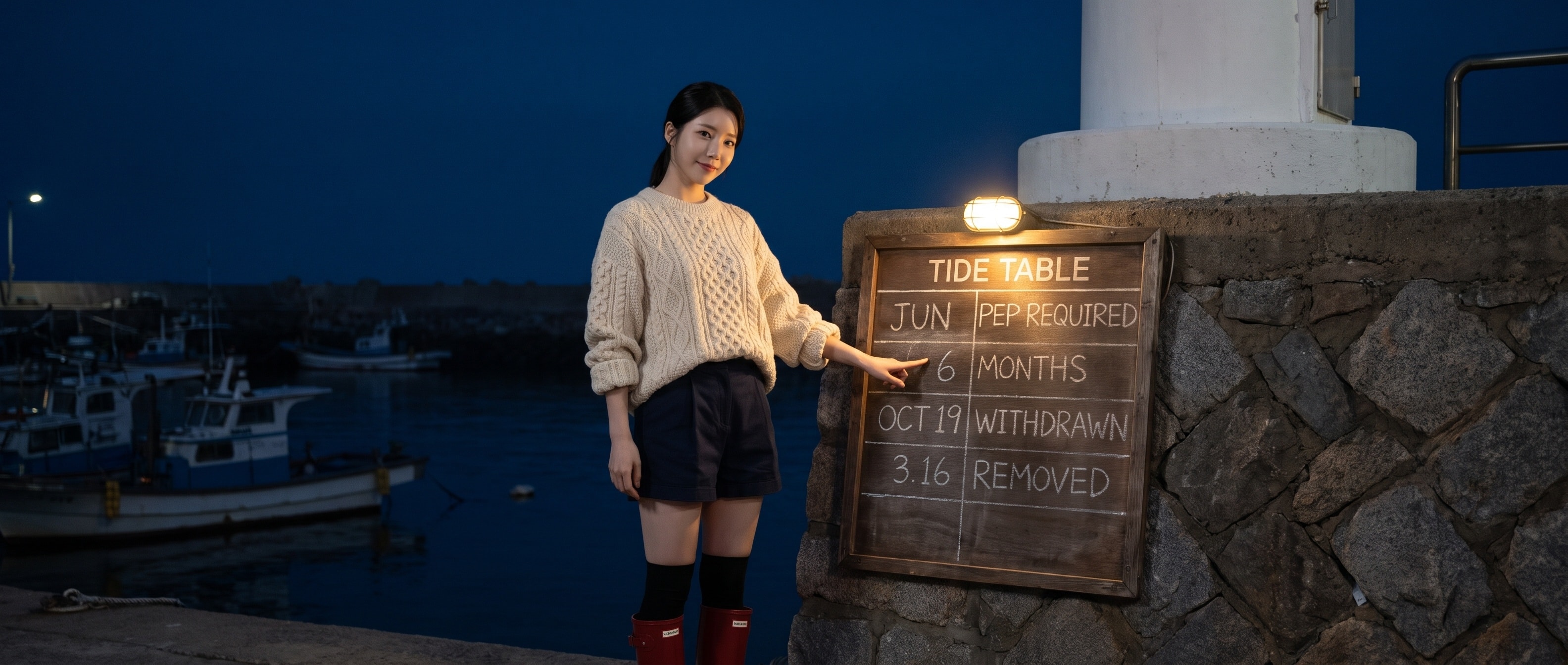 밤의 등대 아래 벽에 걸린 TIDE TABLE 판에 JUN · PEP REQUIRED, 6 MONTHS, OCT 19 · WITHDRAWN, 3.16 · REMOVED 네 줄이 적혀 있고 그 앞에서 두 번째 줄을 손끝으로 짚으며 카메라를 보는 루나