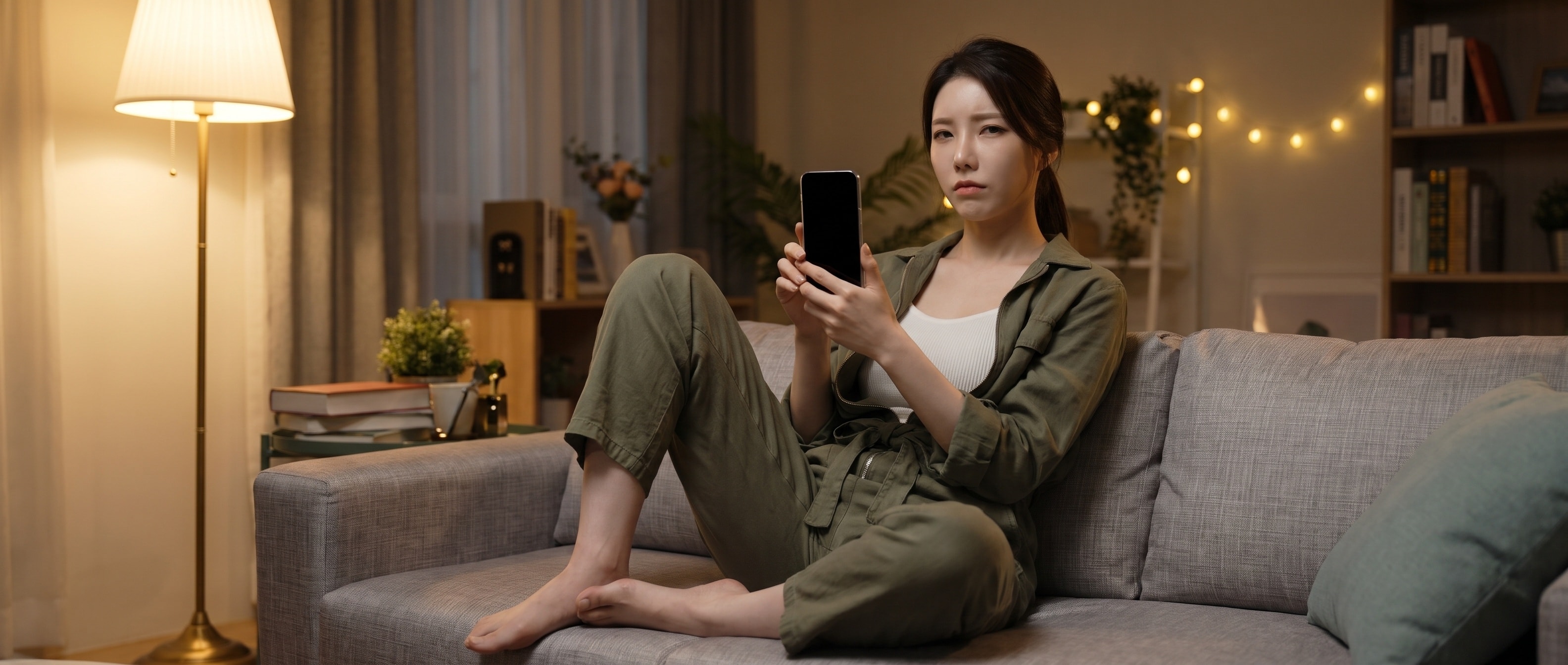 밤의 거실 소파에 앉은 루나가 화면이 꺼진 휴대폰을 양손으로 들고 황당한 표정으로 카메라를 본다